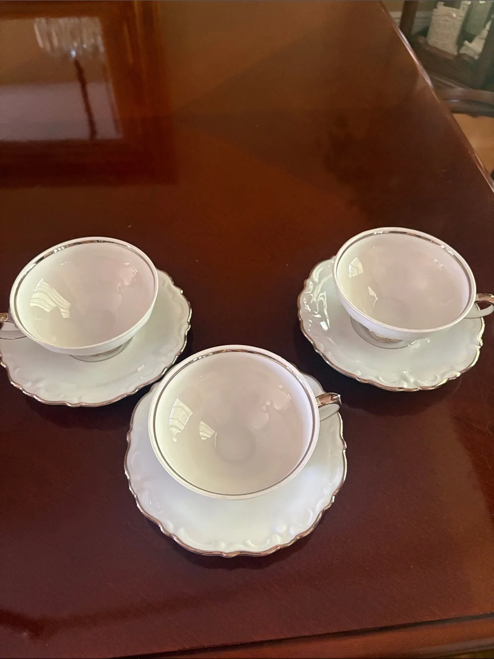 Estate Symphony Fine White Porcelain Tea Cup and Saucer Set with Silver Trim